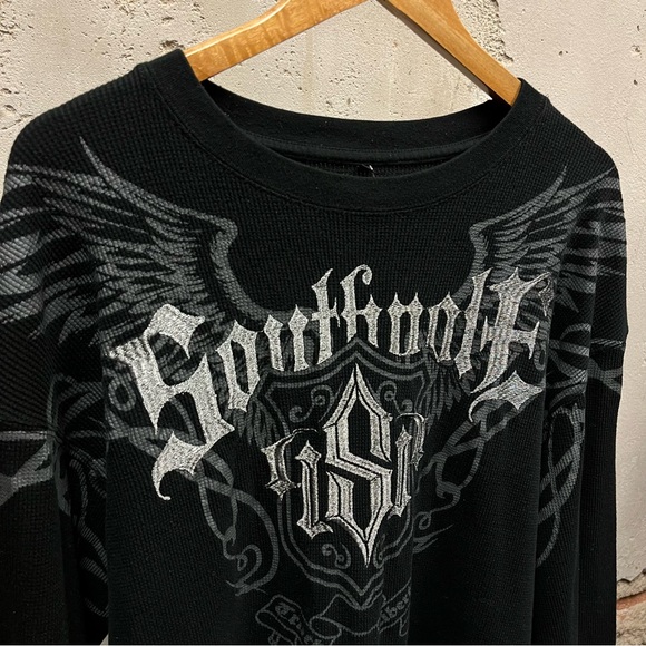 Southpole Vintage Y2K Metallic Silver Embroidered Grunge Thermal Long Sleeve - Picture 4 of 4